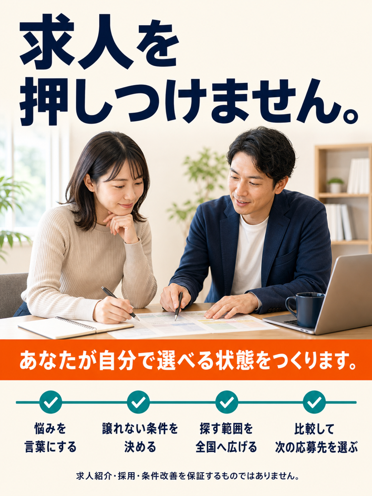 求人を押しつけず、自分で選べる状態をつくることを約束します。悩み、条件、探す範囲、比較の順に整理します。