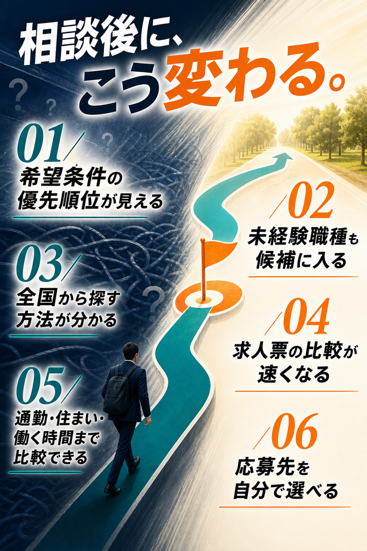 相談後は希望条件の優先順位が見え、未経験職種も含めて全国から求人を探し、求人票や生活条件を比較して応募先を選べるようになります。