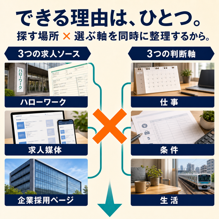 ハローワーク、求人媒体、企業採用ページという3つの求人ソースと、仕事、条件、生活という3つの判断軸を同時に整理します。